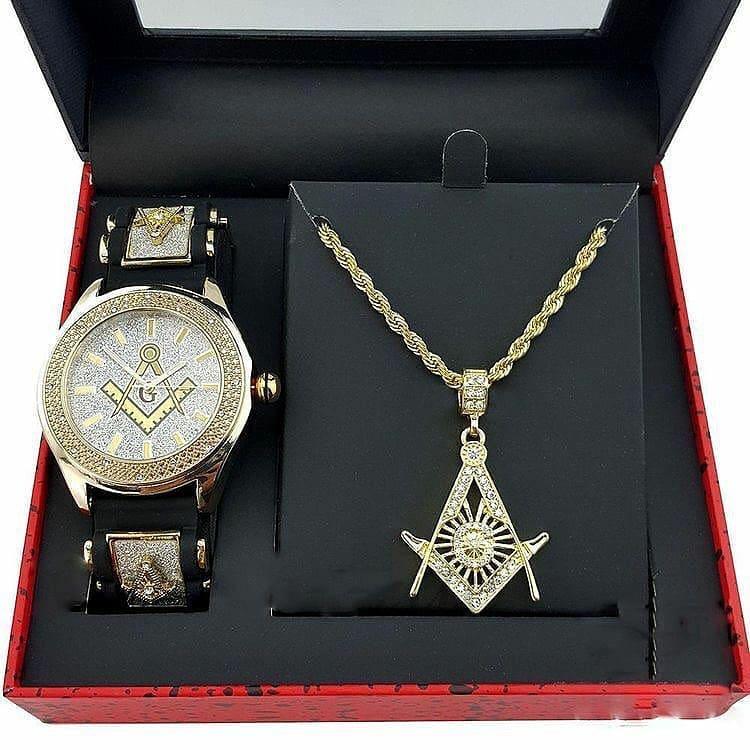 lluminati Talisman Watch combo with a stylish silver watch and engraved talisman charm on a dark background